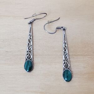 Sterling Silver Malachite Dangle Drop Earrings Vintage Boho Chic 925 Gemstone